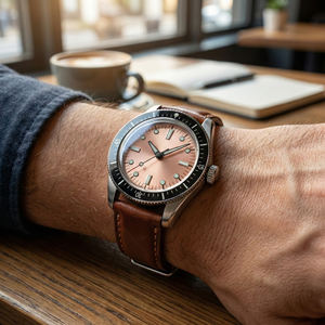 Montre de plongée automatique SW200 personnalisée OEM avec cadran brossé soleil saumon, étanche 200M, lunette rotative et verre saphir bombé - Product Image 2