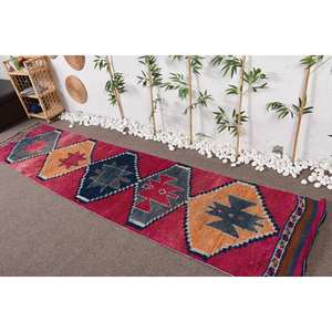 Alfombra turca Vintage en rojo étnico negro 26x111 pies área grande lana 10mm espesor Patchwork patrón látex respaldo para pasillo - Product Image 1