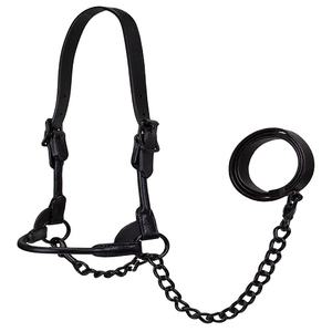 Noir Minuit Tout Noir Premium Rond Roulé En Cuir Bovin Show Halter Avec Chaîne Assortie Plomb pliant saisonnier intelligent - Product Image 1
