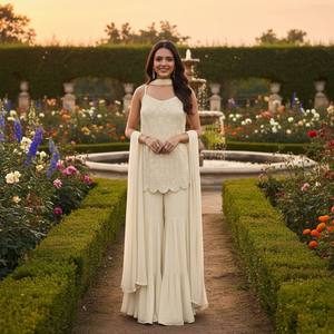 Nuevo Traje Sharara de Diseñador con Bordado de Cuentas y Tela de Georgette Sintética Pesada para Fiestas o Compromisos - Product Image 3