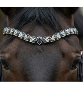 Fronture de cheval en strass de cristal faite à la main avec cuir noir, accessoire d'équestre scintillant - Product Image 1