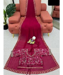 Las mujeres de lujo usan Sari de trabajo bordado Threar pesado con blusa de seda Mono Benglori diseñador de moda suave Sari de seda Banarasi - Product Image 1