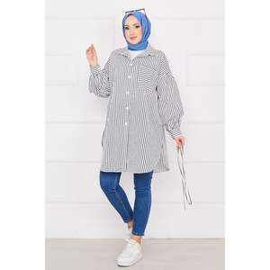 Ensemble tunique hijab rayé à poche pour femme couleur noire - Product Image 4