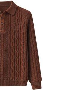 Custom Mens Rusted Brown Wool <b>Cable</b> <b>Knit</b> Polo <b>Sweater</b> Long Sleeve Button Neck Winter Warm Classic Pullover For Men Casual Wear - Product Image 4