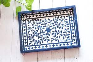 Bandeja de incrustaciones de hueso indio floral hecha a mano Impresionante color azul para el precio de servicio de hotel o motel en casa - Product Image 4