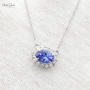 Collar de Cadena de Oro Sólido de 14K con Certificado IGI, con Tanzanita Natural de Corte Ovalado de 7x5mm y Halo de Diamantes, para Fiestas, Bodas o Regalos - Product Image 4