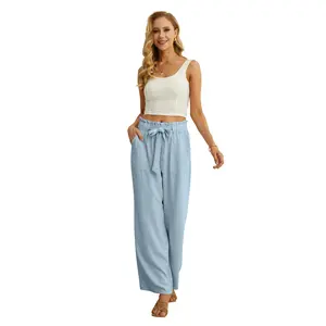 Femmes été décontracté affaires travail pantalon brume bleu taille haute taille élastique pantalon réglable noeud dentelle jambe large Streetwear - Product Image 5