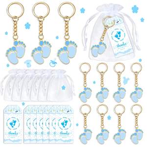 Porte-clés bleu avec empreintes de pieds, cadeaux avec sacs en organza blancs et étiquettes de remerciement, ensemble pour la fête de naissance de bébé garçon, décorations et fournitures - Product Image 4