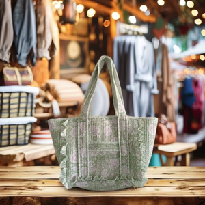 Bolsa de Mano Acolchada de Algodón con Estampado Floral Sage, con Correa para el Hombro, Moderna, para Viajes y Envíos, con Bolsillo - Product Image 1