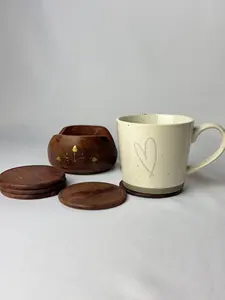 Lotus Design Wood Engraved Round Wooden <b>Coaster</b> with Lid for <b>Table</b> Decoration and Gift Walnut <b>Coaster</b> - Product Image 5