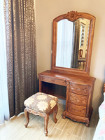 Table de toilette fonctionnelle, magnifique, artisanale, durable, en teck massif européen, avec miroir amovible sculpté