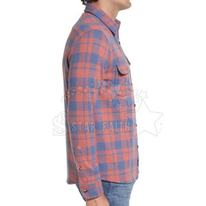 Customized Logo Lightweight Wool/Cotton <b>Flannel</b> Shirt Men Patch Pocket Curved Hem Plaid Pattern Full Sleeve Breathable 240g - Product Image 4