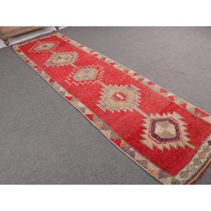 Turkish Rug, 2.8x10.3 ft <b>Runner</b> Rug, <b>Red</b> Gray Herki Wool Rug - Product Image 1
