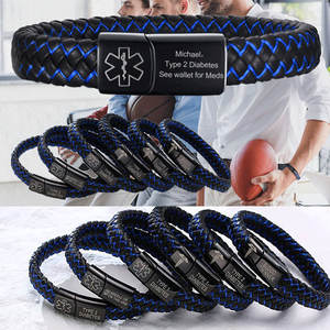 Bracelet Médical en Cuir pour Diabète de <span class=keywords><strong>Type</strong></span> <span class=keywords><strong>2</strong></span> avec Fermoir Magnétique en Acier Inoxydable, Bracelet Personnalisé à Graver pour Homme - Product Image 1