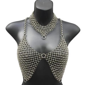 Medieval <b>Fantasy</b> Aluminium Chainmail Crop Halter Bra Mini Skirt/Belt Polished Steel Cosplay Bikini with Metal Necklace - Product Image 2