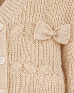 Customized Women Beige Cable Knit Cropped <b>Cardigan</b> Sweater With Bow Detail <b>Long</b> Sleeve Button Front Cute Winter Fashion Top - Product Image 6