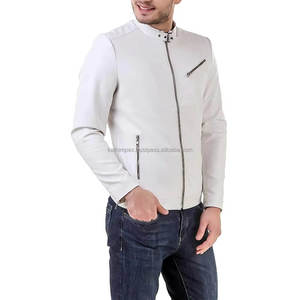 Veste en cuir blanche coupe ajustée de qualité supérieure pour homme avec poches et poignets à fermeture éclair et col ceinture pour l'hiver - Product Image 4