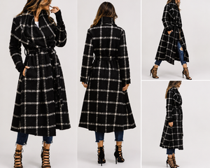Manteau long ceinturé à carreaux noirs pour femme, style windowpane, en mélange de laine doux, idéal pour l'automne et l'hiver - Product Image 3