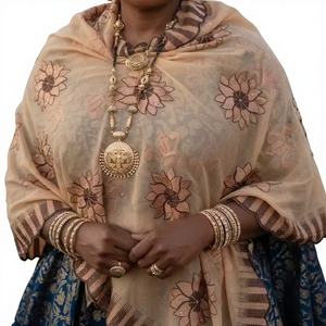 Foulard Hijab en Voile de Chiffon pour Femme, Style Africain Asoebi, Brodé de Strass et Dentelle, en Polyester à Motifs Floraux, Vente en Gros - Product Image 1