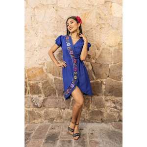 Womens Green Mexican Embroidered Wrap Maxi <b>Dress</b> Floral Ethnic Boho <b>with</b> Puff Sleeves Natural <b>Waist</b> Washable 100% Cotton - Product Image 4