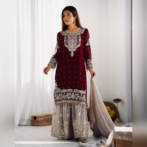 Luxury georgette plazzo salwar kameez with heavy <b>thread</b> work top and plazzo with dupatta pair for casual outing boutique style - Product Image 1