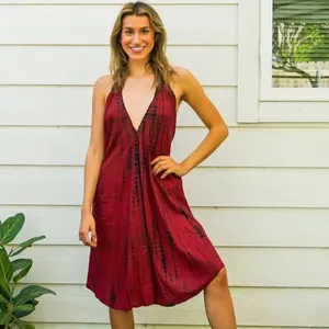 Boho düz renk Halter üst kısa plaj yaz elbisesi kadın toptan fiyat kadınlar için Maxi Backless İpli