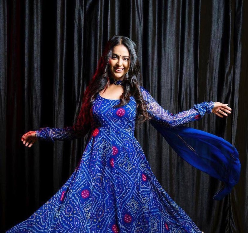 green emerald velvet dress Muslin floor length dress navy blue with allover bandhani prints & cha main image 0