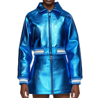 Veste Courte Imprimée Hiver Bleu Royal Scintillant en Cuir de Vachette Véritable Imperméable Grande Taille avec Fermeture Éclair Réversible de Haute Qualité