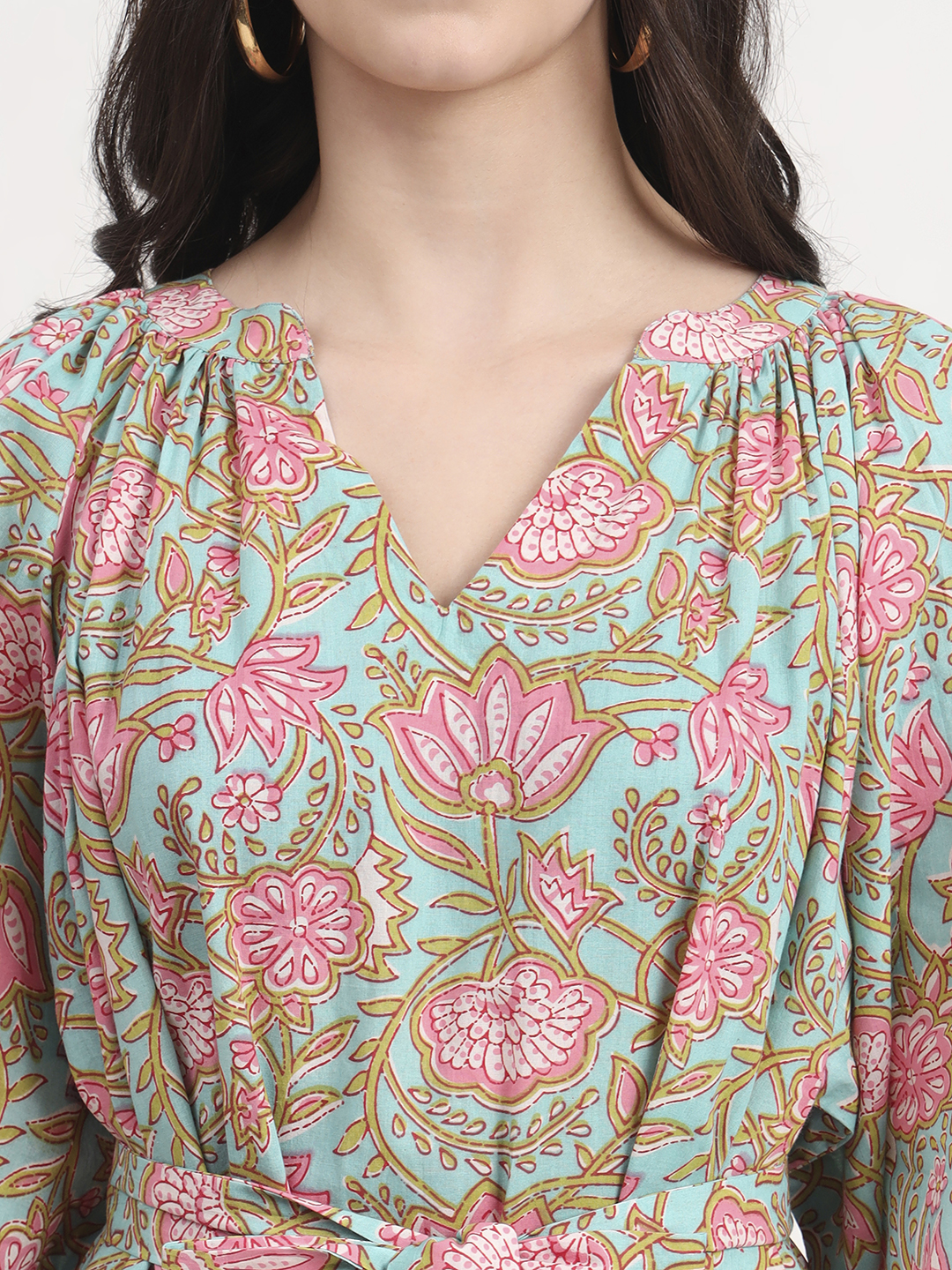 Mint Green Pink Floral Print Midi Dress V-Neck Long Sleeves Belted Dropped  Waist Ball Gown Silhouette Casual Style for Summer| Alibaba.com