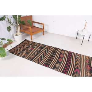 Alfombra Turca Vintage, Alfombra de Pasillo de 2.9x10.9 pies, Alfombra Oriental Kilim Negra - Product Image 2