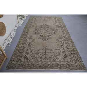 Tapis turc vintage de grande surface Beige Brown Patchwork Design Laine Latex Rectangle Couloir pour Chambre Chevet Taille 5.3X9.1 ft - Product Image 1