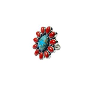 Anillo de declaración de regalo de fiesta de boda de corte ovalado hecho a mano de Plata de Ley 925 para mujer al por mayor estilo clásico turquesa coral piedra preciosa - Product Image 3