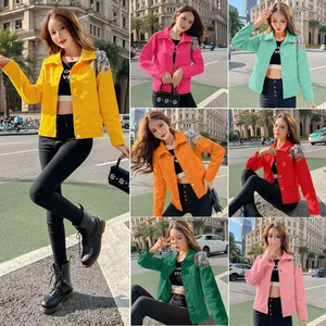 2023 bonbons couleurs Denim veste courte femmes Rivet Applique Jean manteau étudiant vêtements d'extérieur Rose-rouge jaune vert rose haut ample manteaux - Product Image 6