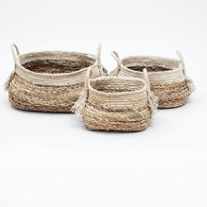 Ensemble de paniers de rangement en jute et écorce de bananier naturelle, avec poignée arquée à franges et pompons, pot de fleurs ovale peu profond, décoration artistique pour la maison et artisanat - Product Image 1
