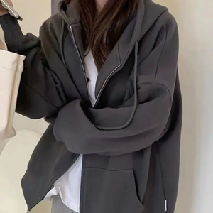 Sweats à capuche pour femmes Automne Retro Solid Color Zip Up Oversized Sweatshirts Harajuku Long Sleeve Hooded Jackets Coat - Product Image 5