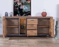 Grand buffet 215 cm en acacia massif avec relief noir, tiroirs et niche avec étagères en verre Fantaisie