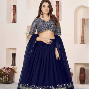 Ensemble Lehenga Choli en Georgette de Polyester Bleu Royal avec Broderie Zari et Paillettes, Dupatta en Tulle Doux Longueur Ras du Sol pour Fête et Mariage - Product Image 1