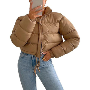 Femmes hiver couleur unie brillant culture bulle manteau manches longues épais fermeture éclair respirant peau de mouton bouffantes vestes lettre - Product Image 6