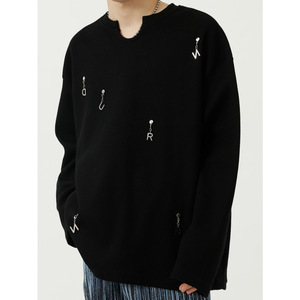 Usine personnalisée hommes gaufré T-Shirt à manches longues aiguille goutte déchiré côtes col rond sweat sweat à capuche en coton expédition DDP - Product Image 2