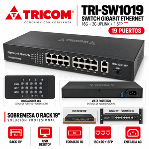 Switch Ethernet Gigabit 16 ports + 2 ports UPLINK + 1 port SFP. Ordinateur de bureau et 19 pouces TRICOM - Product Image 3