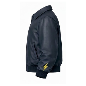 Navy Custom Leather Canvas Winter Racing Jacket Storm Embroidery Biker Bomber <b>Hip</b> Hop Streetwear Men's <b>Padded</b> Letterman - Product Image 4