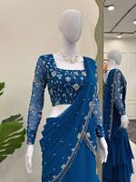 Saree Sutra Banarasi Bordir Mewah Modern Berkilau + Blus, Bulu Imitasi Sempurna Jahitan Rapi Mudah Dibentuk, Pakaian Pengantin untuk Pesta