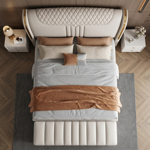 Cadre de lit king-size minimaliste italien de luxe, revêtement en cuir Nappa mat, lit à profil bas, mobilier de chambre principale - Product Image 3