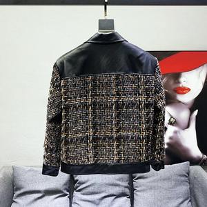 Abrigo de manga larga con cuello vuelto de moda de verano para hombre de alta calidad, nuevas chaquetas de cuero de tela de lana de retazos, decoración de piel - Product Image 6