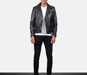 Chaqueta Bomber de piel de cordero auténtica para hombre, cierre de cremallera, negra, ecológica, estilo de calle, cinturón de primavera, cintura - Product Image 5