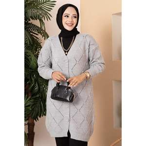 Cárdigan de punto Hijab con estampado de diamantes grises hecho de camiseta Tipo de camisa de tela - Product Image 1