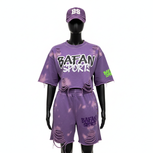 Conjunto de Camiseta y Pantalones Cortos de Algodón Premium para Mujer, Felpa Suave y Transpirable, Lavado Ácido Morado, Estampado, 100% Algodón - Product Image 1