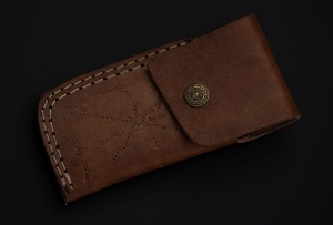 Custom Handmade Damascus Steel Pocket Knife With Pukka Wood Handle and Fine <b>Leather</b> Sheath Camping Knife Fishing Knife - Product Image 6