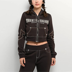 Survêtements pour femmes personnalisés, ensemble 2 pièces, 100% coton, sweat-shirt court vintage streetwear, sweat-shirt court à fermeture éclair et pantalon de survêtement évasé - Product Image 1