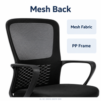 Chaise de bureau en maille noire et grise avec réglage en hauteur, accoudoirs fixes, base en PP et roulettes en nylon pour postes de travail